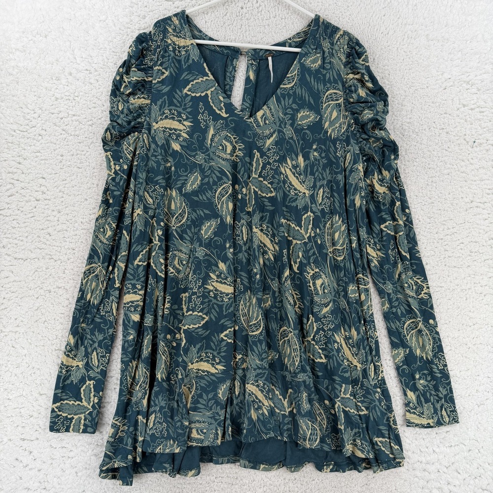 Free People Dress Womens XL Green Floral V Neck Long Sleeve Trapeze Swing Mini